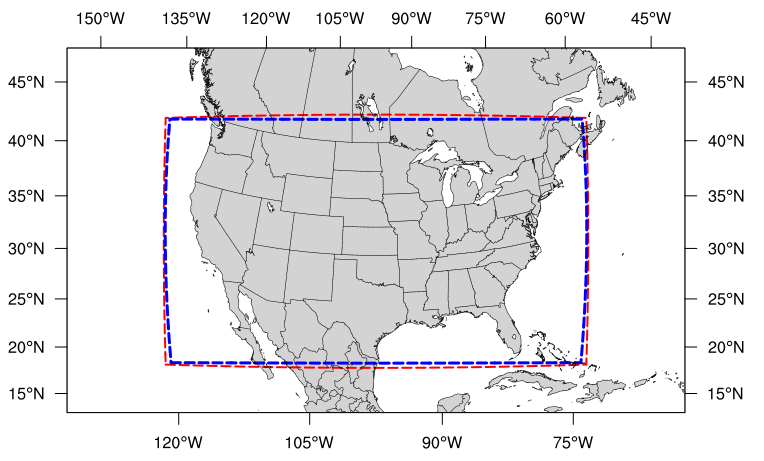 Map of the continental United States 13 kilometer domain. The computational grid boundaries appear in red and the write-component grid appears just inside the computational grid boundaries in blue.