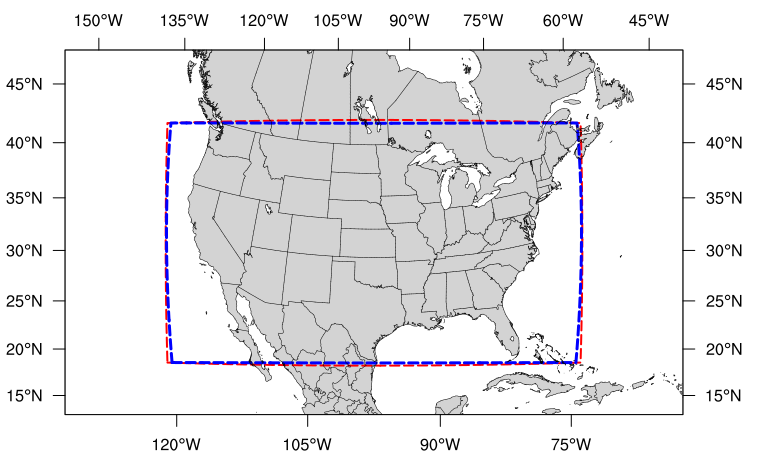Map of the continental United States 25 kilometer domain. The computational grid boundaries appear in red and the write-component grid appears just inside the computational grid boundaries in blue.