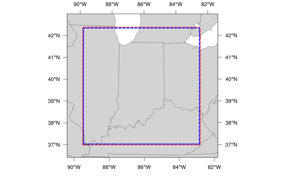 Map of Indiana and portions of the surrounding states. The map shows the boundaries of the continental United States sub-grid centered over Indianapolis. The computational grid boundaries appear in red and the write-component grid appears just inside the computational grid boundaries in blue.